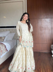 Ivory Silk Chanderi Sharara Set with Pastel Floral Resham & Zardosi Work