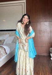 Ivory Silk Chanderi Sharara Set with Pastel Floral Resham & Zardosi Work