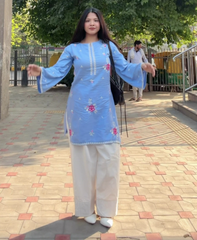 Sky Blue Floral Embroidered Kurti Set