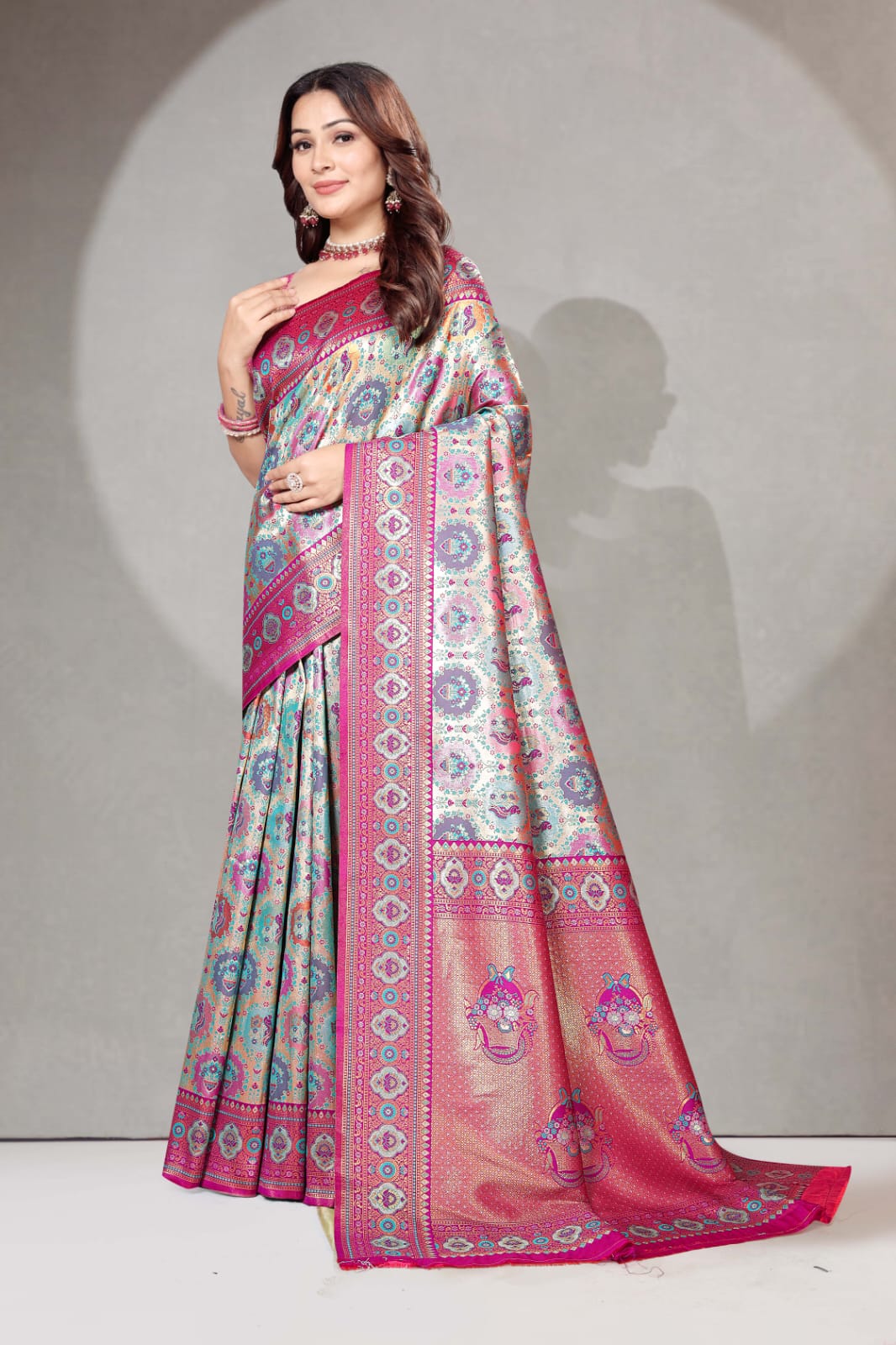 Multi-Color Patola Silk Saree with Rani Pink Zari Border