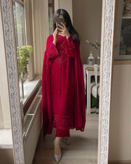 Ruby Red Georgette Salwar Suit with Tone-on-Tone Sequin Embroidery