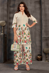 Cream Floral Printed Tunic & Wide-Leg Palazzo Co-ord Set